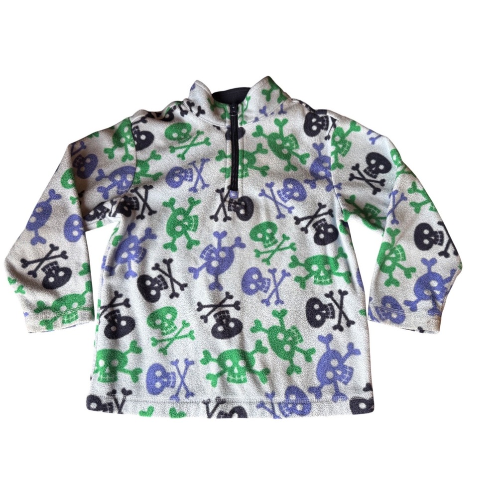 Hanna Andersson Kids Fleece Quarter Zip Skull Crossbones Pullover Gray Green 5-6